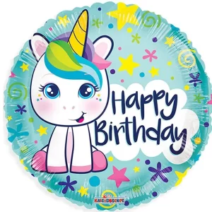 بادکنک فویلی گرد طرح happy birthday یونیکورن
