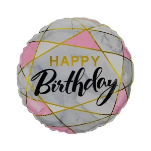 بادکنک فویلی گرد طرح HBD سفید صورتی