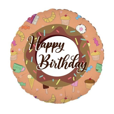بادکنک فویلی مدل گرد هپی برث دی طرح دونات و شیرینی Happy Birthday کد KP-HBD-594