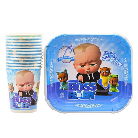 پیش دستی و لیوان یکبار مصرف مدل بچه رئیس کد KP-3676 مجموعه 12 عددی