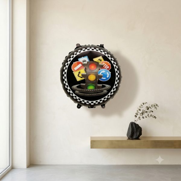 بادکنک فویلی مدل گرد چراغ راهنمایی و علائم رانندگی تم مسابقهای کد KP-6801